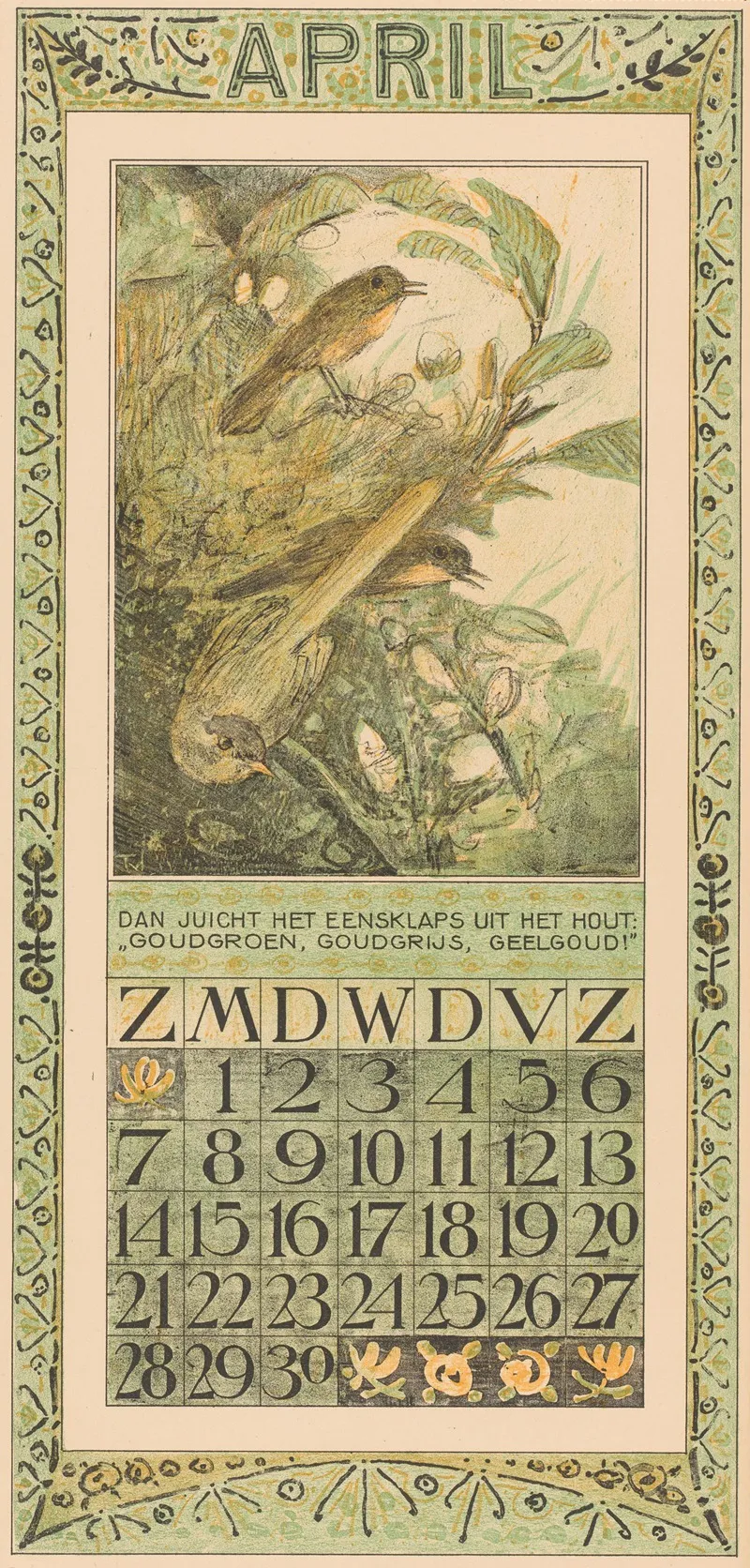 Kalenderblad April Met Drie Vogels