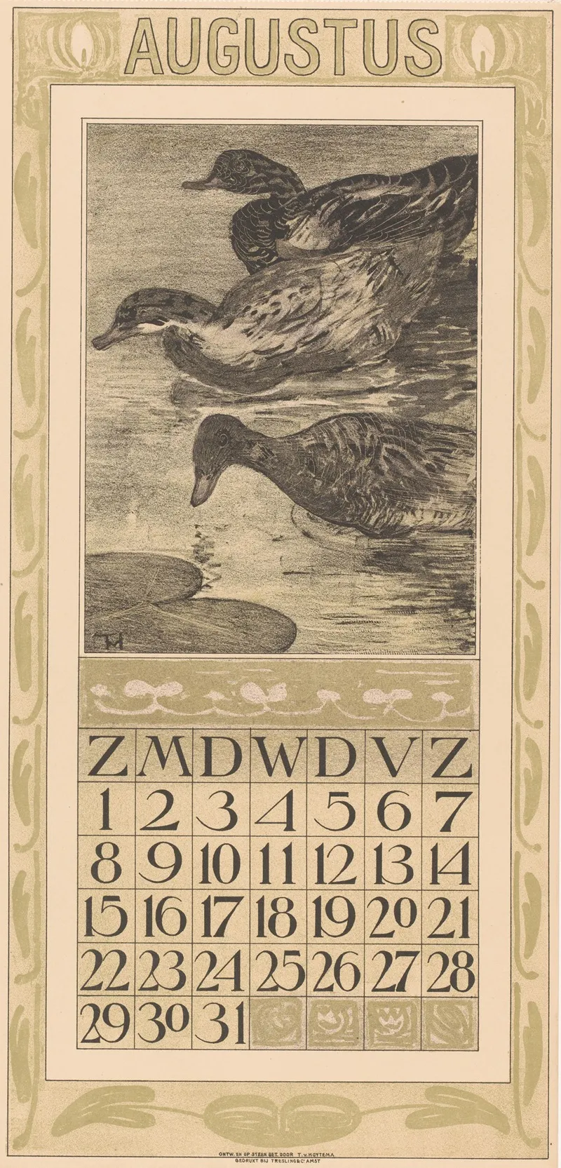 Kalenderblad Augustus Met Drie Zwemmende Eenden