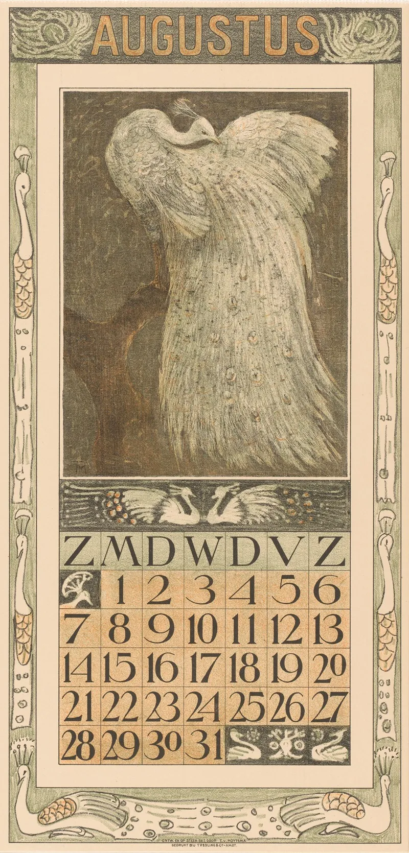 Kalenderblad Augustus Met Witte Pauw