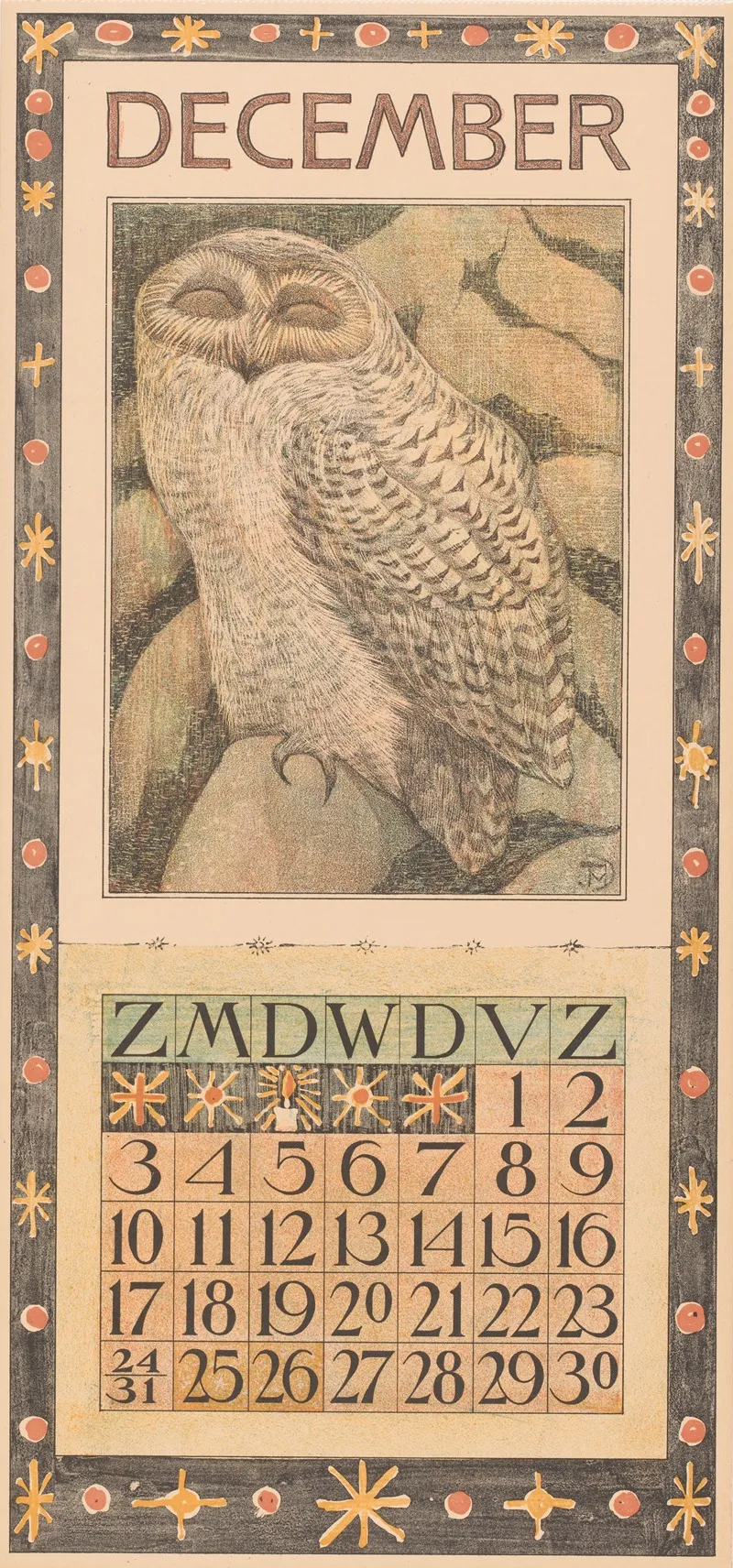 Kalenderblad December Met Sneeuwuil