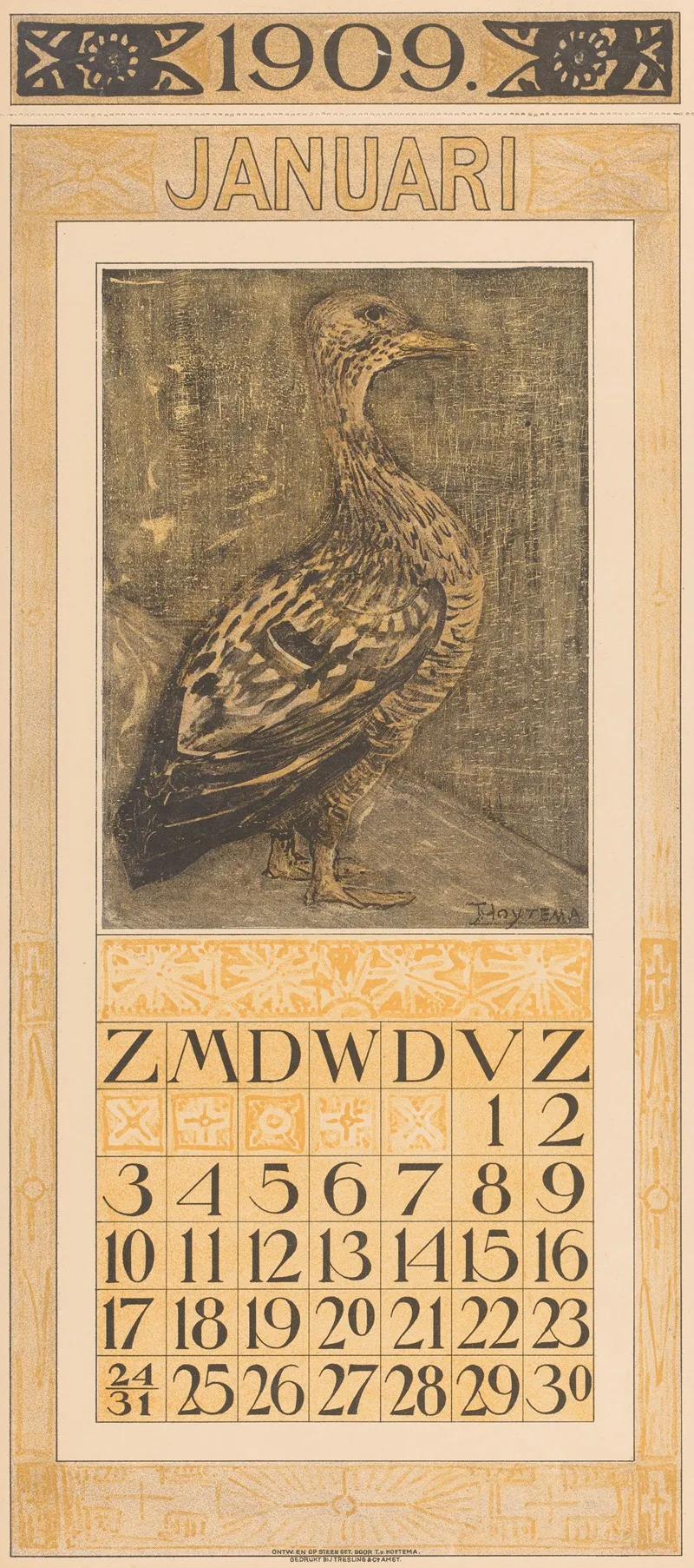 Kalenderblad Januari Met Staande Eend