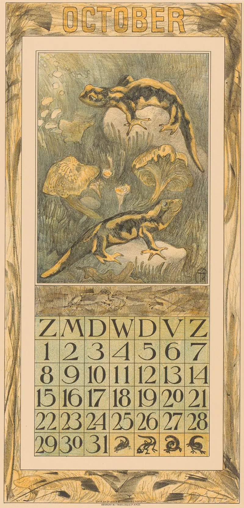 Kalenderblad Oktober Met Salamanders
