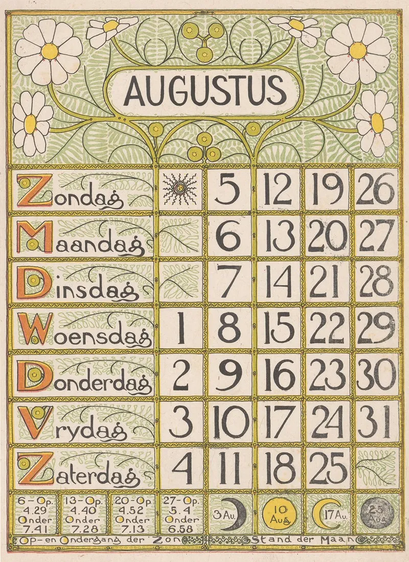 Kalenderblad Voor Augustus 1900