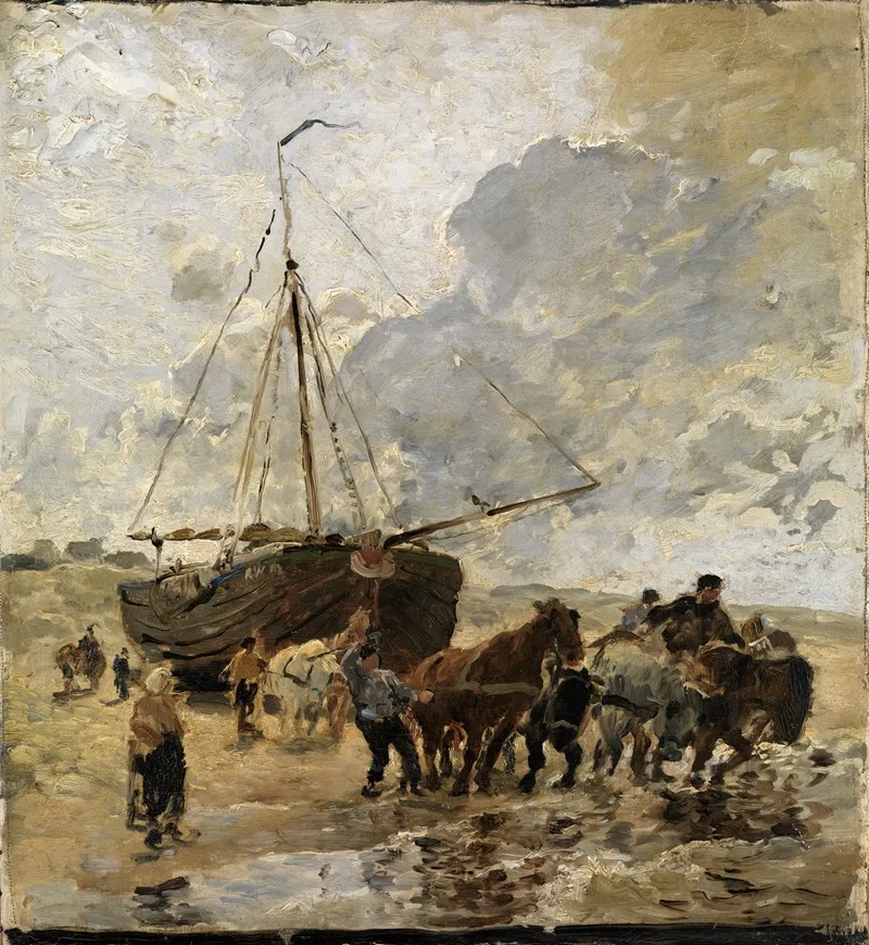 Katwijker Fischer Ziehen Einen Bom Aus Dem Schuitengat Ins Wasser