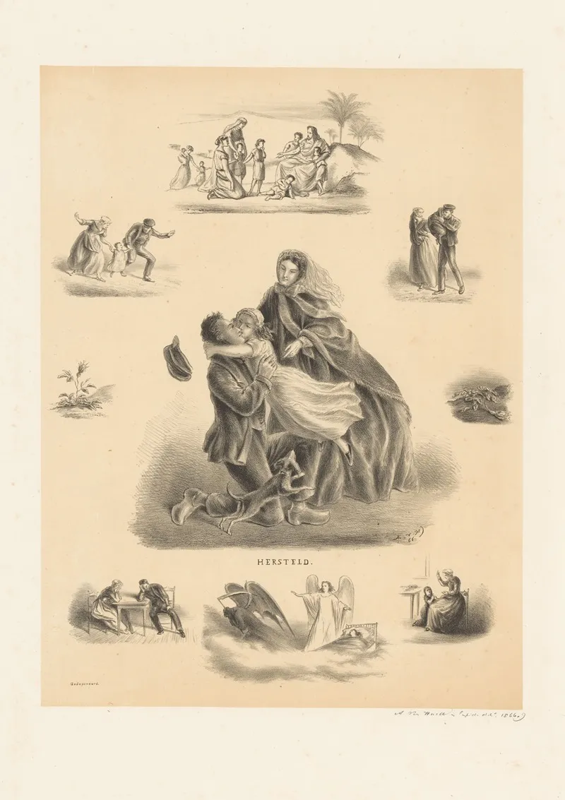 Kind En Vrouw Vliegen Man Om Zijn Nek by Alexander Ver Huell - Canvas Print