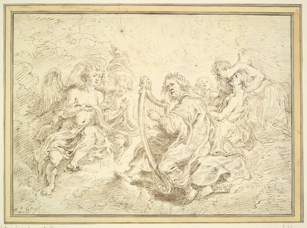 King David Playing The Harp Accompanied By Singing Angels by Matthys van den Bergh - Canvas Print