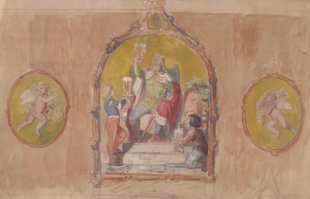 King Gambrinus Raising A Toast With A Beer Mug And A Pair Of Pages In Tondi