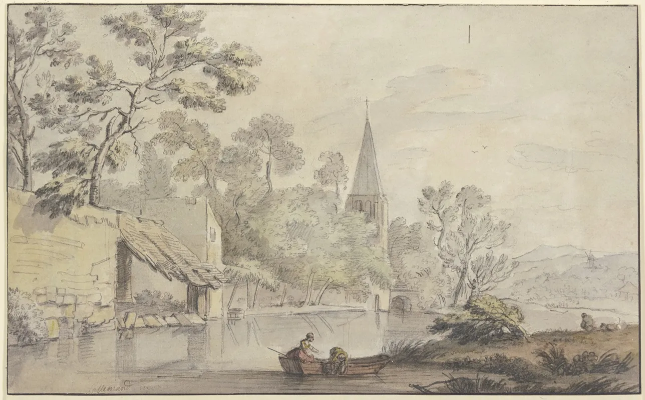 Kirchturm Und Einige Gebaude An Einem Wasser Vorne Zwei Frauen In Einem Kahn by Jean-Baptiste Lallemand - Canvas Print