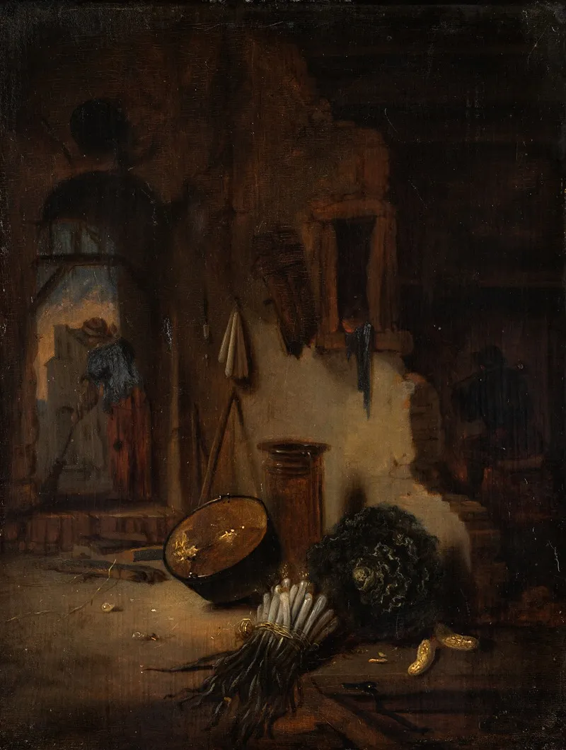 Kitchen Interior With Woman Sweeping