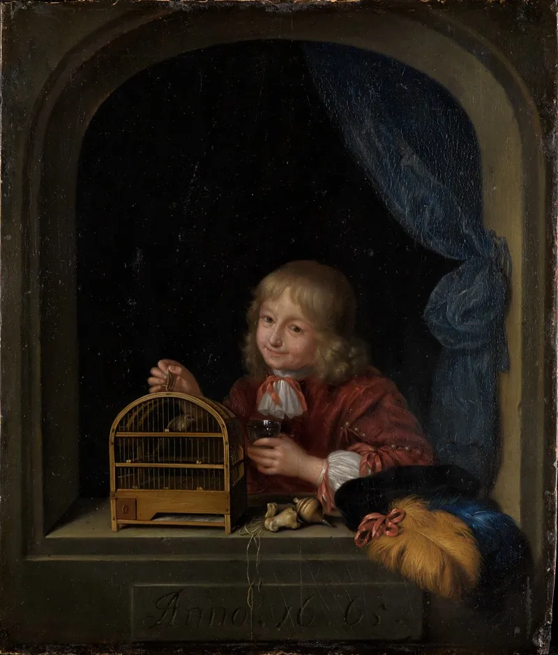 Knabe Mit Vogelkafig Im Fenster by Frans van Mieris the Elder - Canvas Print