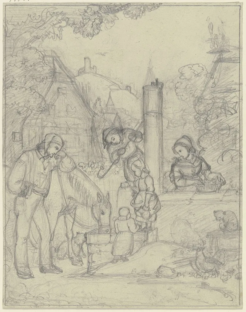 Knecht Mit Pferd Und Bauernkindern An Einem Dorfbrunnen