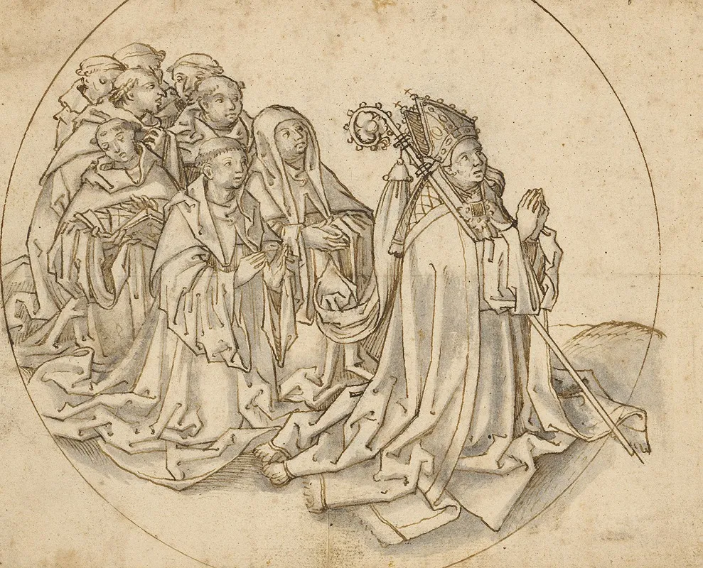 Kneeling Bishop And Eight Monks