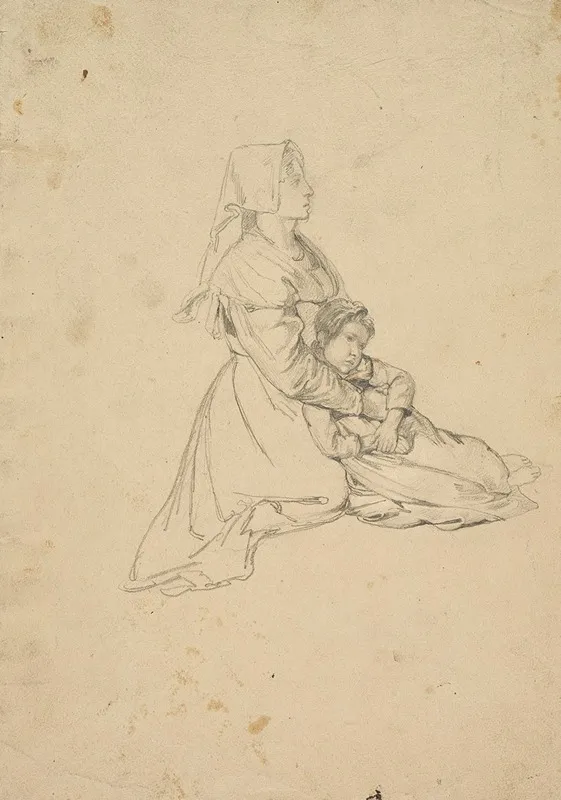 Kneeling Italian Girl Holding Her Daughter