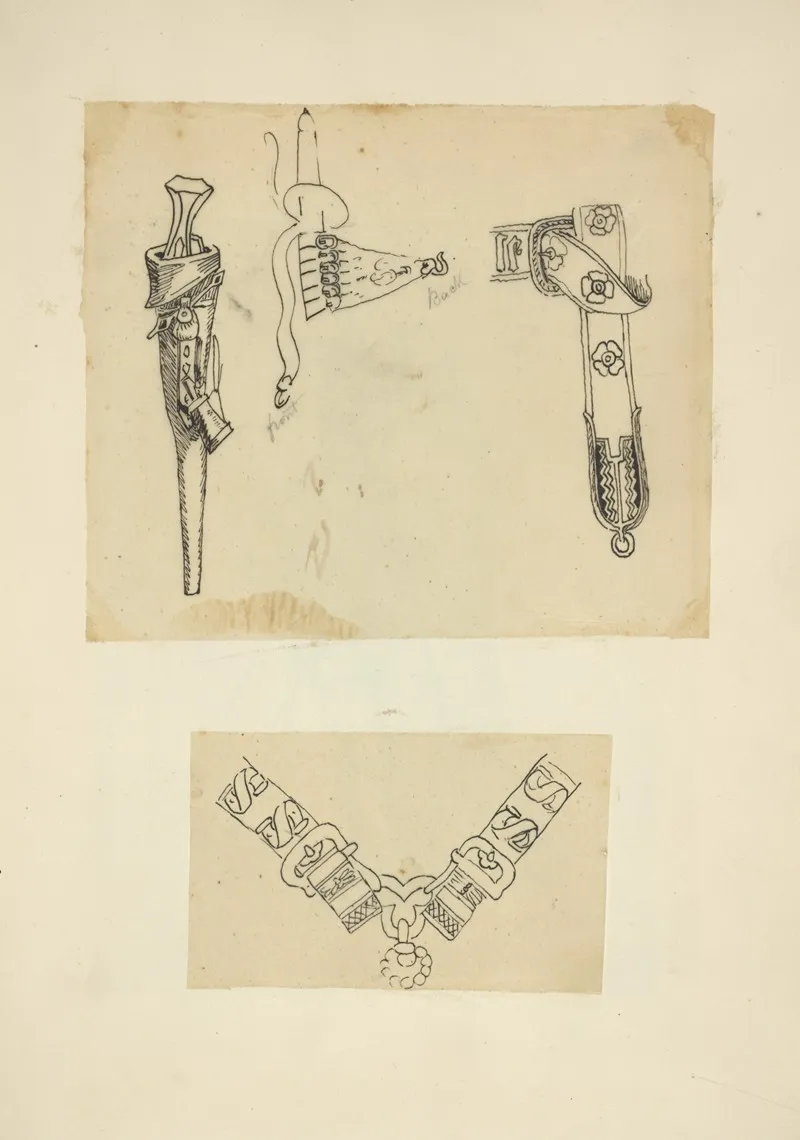 Knife In A Sheath Belt With Attachment And Hook Belt Buckle Two Buckles Joined With Ornamental Hardware