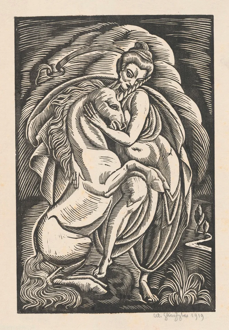 Kobieta Z Jednorogiem Sztuka by Władysław Skoczylas - Canvas Print