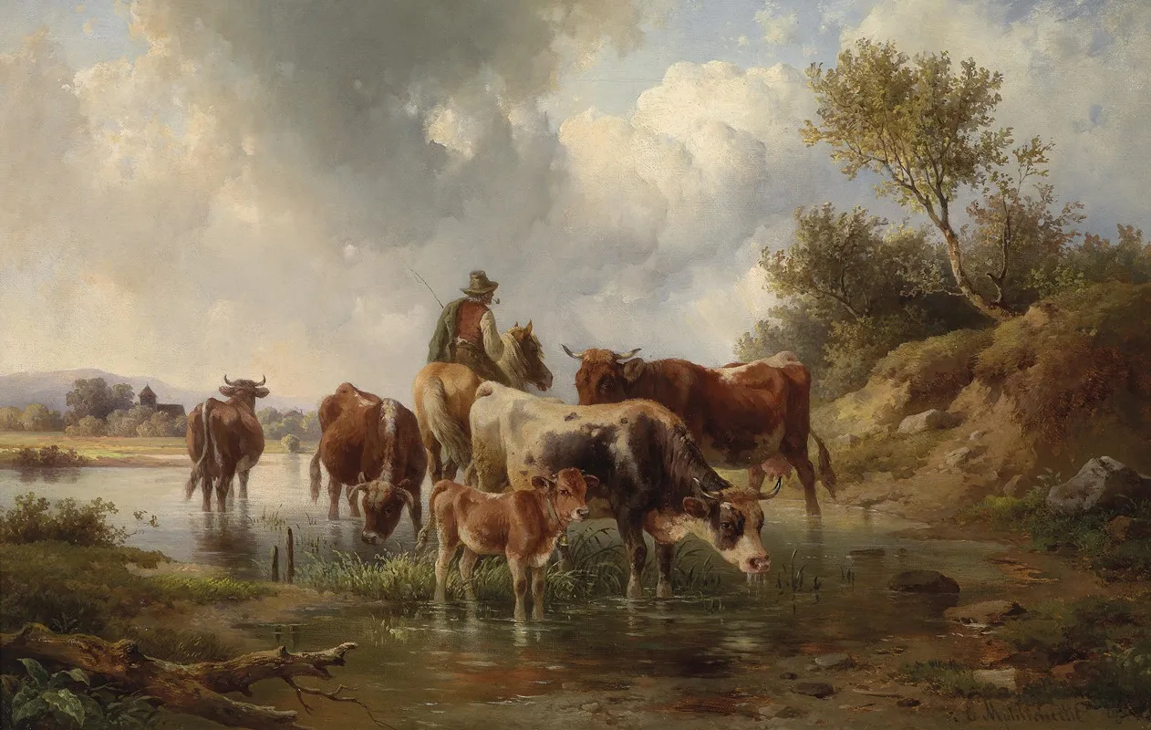 Kuhe Mit Hirten An Der Furt by Edmund Mahlknecht - Canvas Print