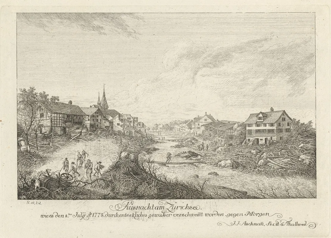 Kusnacht Am Zurichsee Wie Es Den 8ten July Anno 1778 Durch Entsetzliches Gewasser Verschwemmt Worden Gegen Morgen by Johann Jakob Aschmann - Canvas Print