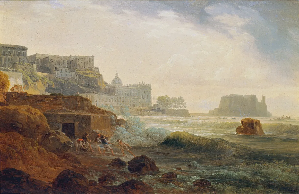 Kuste Bei Neapel Mit Kastell Und Netzziehenden Fischern by Joseph Rebell - Canvas Print