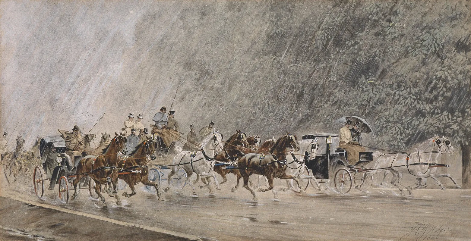 Kutschenfahrt Im Regen by Heinrich Gottfried Wilda - Canvas Print