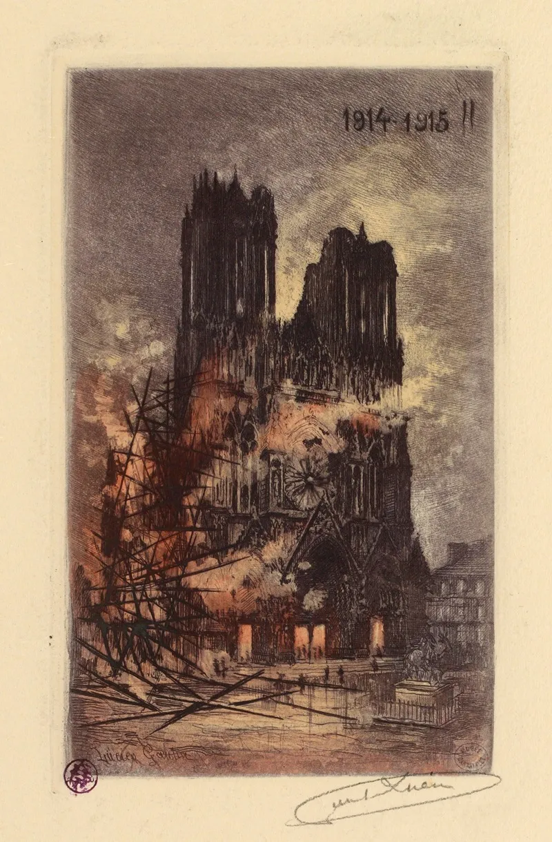 La Cathedrale De Reims En Feu by Lucien Marcelin Gautier - Canvas Print