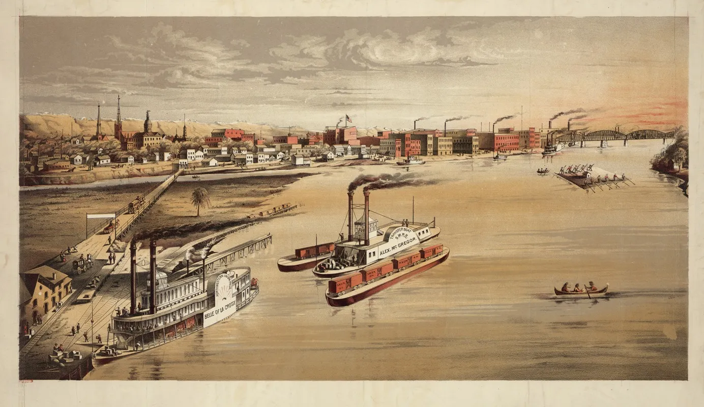 La Crosse Wisconsin From Vantage Point On The Mississippi River With The Belle Of La Crosse Steamboat At Dock