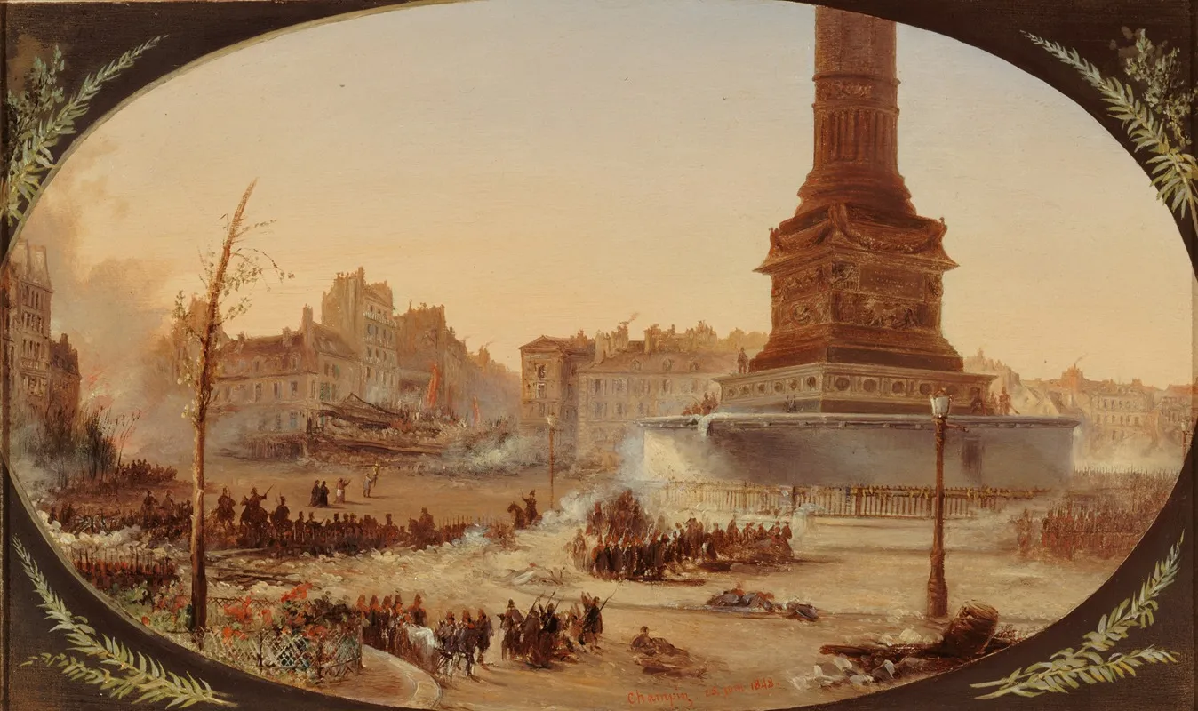La Place De La Bastille Et La Barricade De Lentree Du Faubourg Saint Antoine Le 25 Juin 1848 by Jean-Jacques Champin - Canvas Print