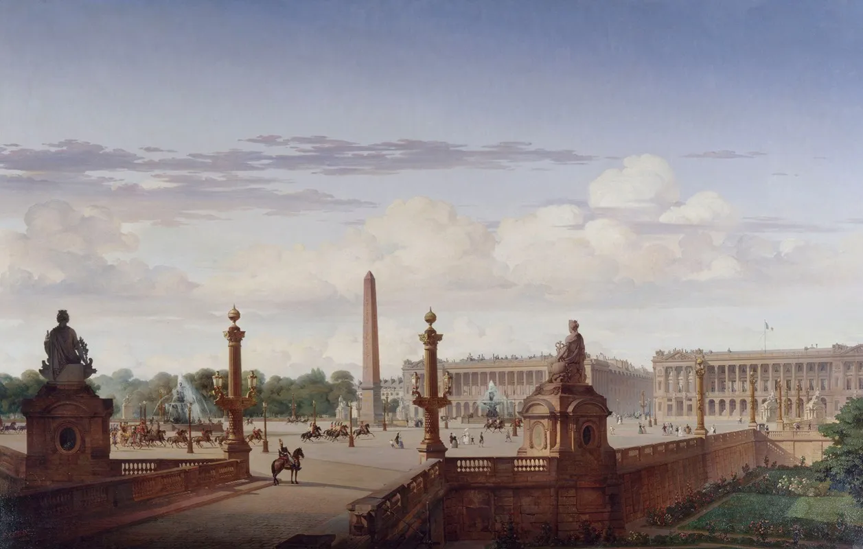 La Place De La Concorde Vue De La Terrasse Du Bord De Leau Le Roi Louis Philippe Traverse La Place En Voiture by Jean-Charles Geslin - Canvas Print