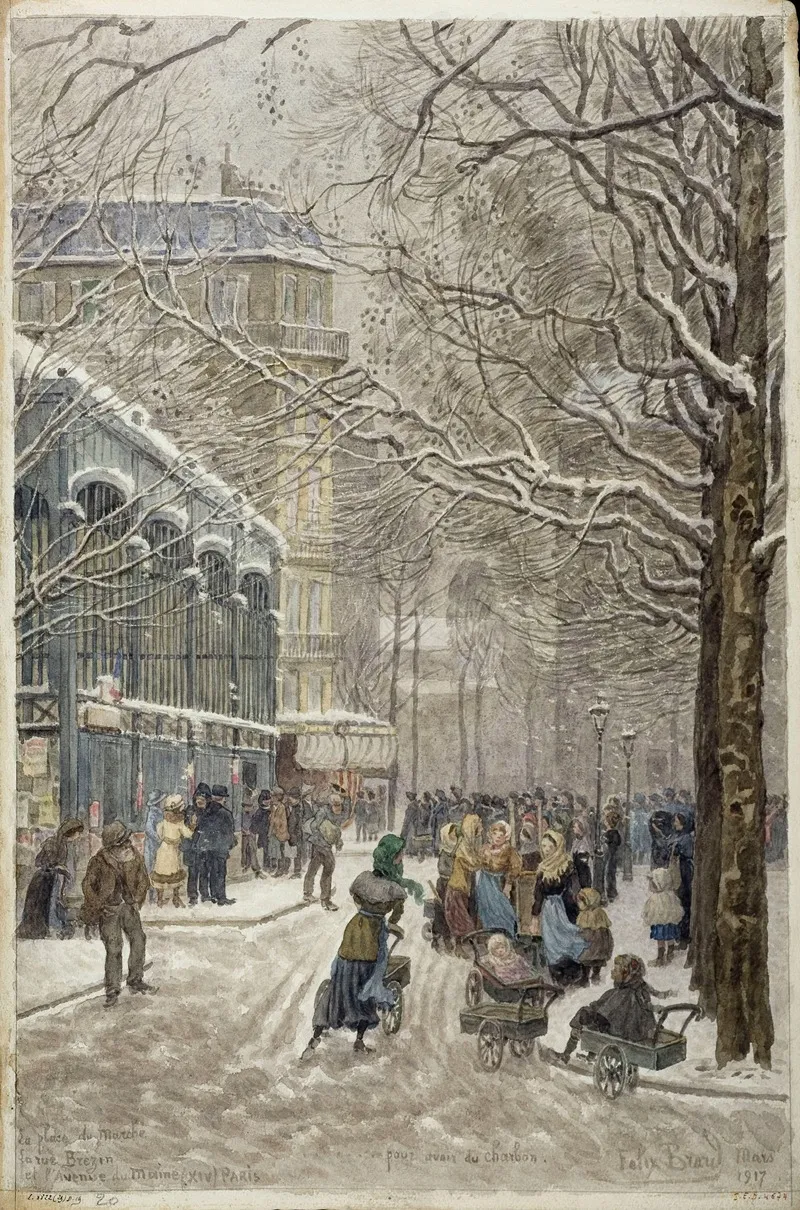 La Place Du Marche La Rue Brezin Et Lavenue Du Maine by Félix Brard - Canvas Print