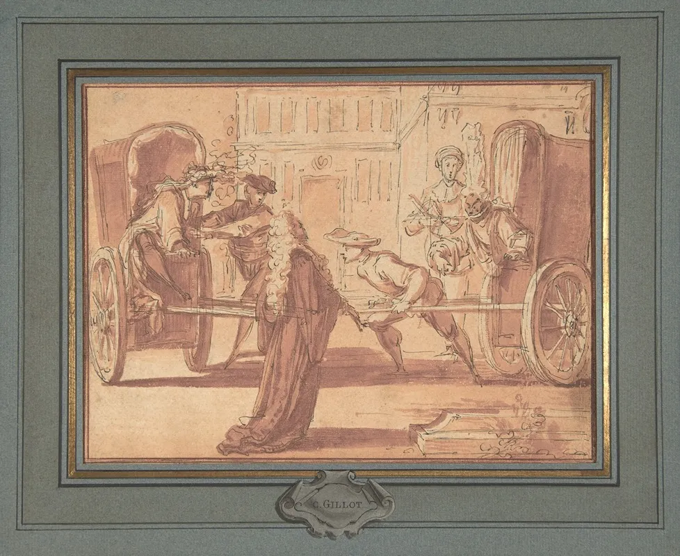 La Scene Des Deux Carrosses by Claude Gillot - Canvas Print
