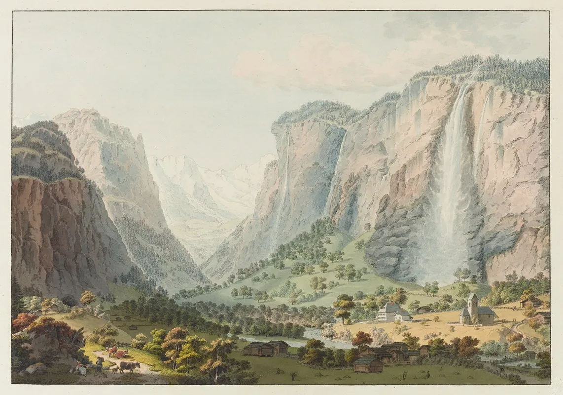La Vallee De Lauterbrounnen Avec La Chute Du Staubbach by Gabriel Lory the older - Canvas Print