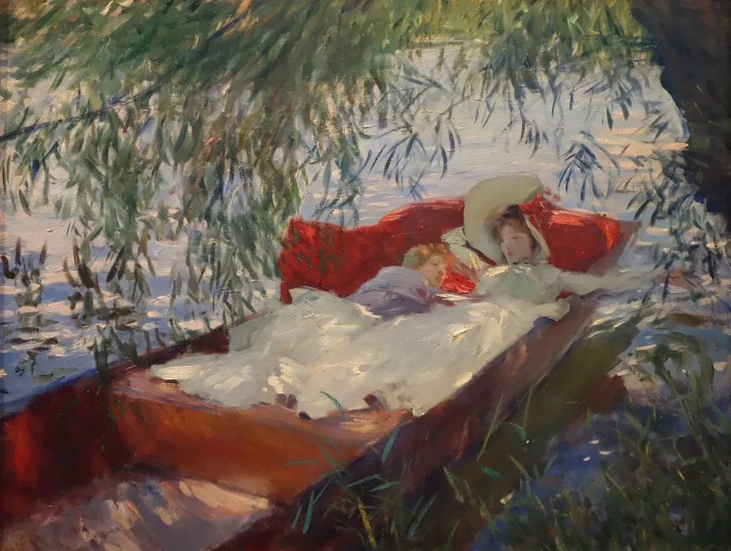 Lady And Child Asleep In A Punt Under The Willows