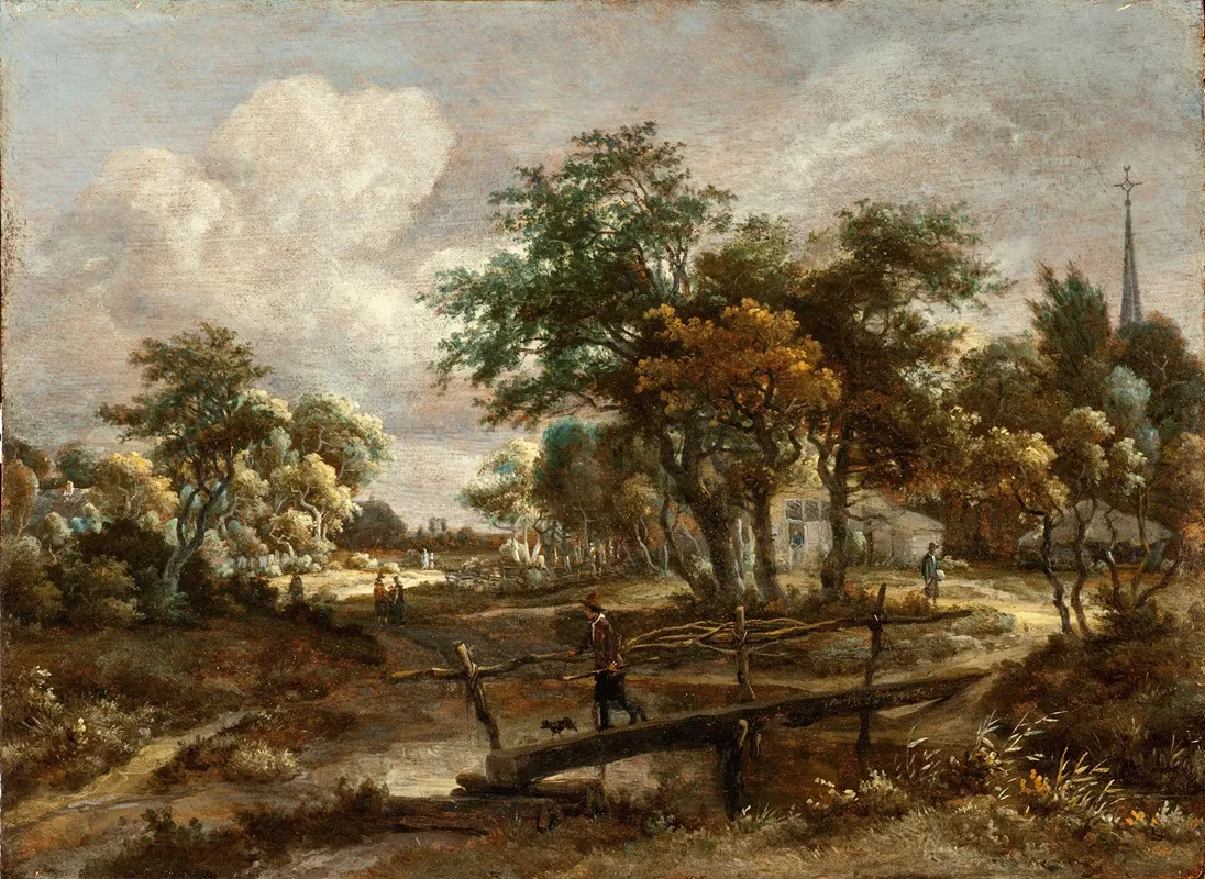 Landscape With A Footbridge by Meindert Hobbema - Canvas Print