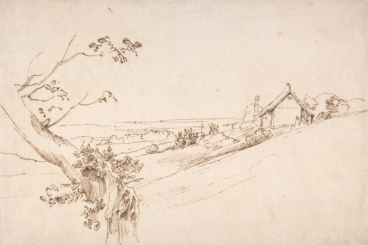 Landscape With A Gnarled Tree And A Farm