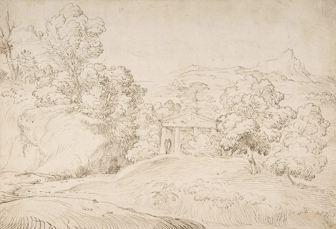 Landscape With A Pedimented Temple And Two Figures by Giovanni Francesco Grimaldi - Canvas Print