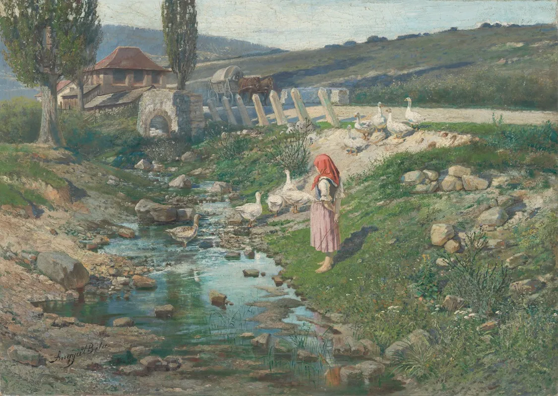 Landscape With A Shepherdess Of Geese by Vojtech Angyal - Canvas Print