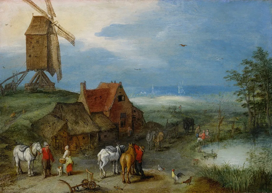 Landscape With A Windmill Various Figures Horses And Animals Near A Farmstead