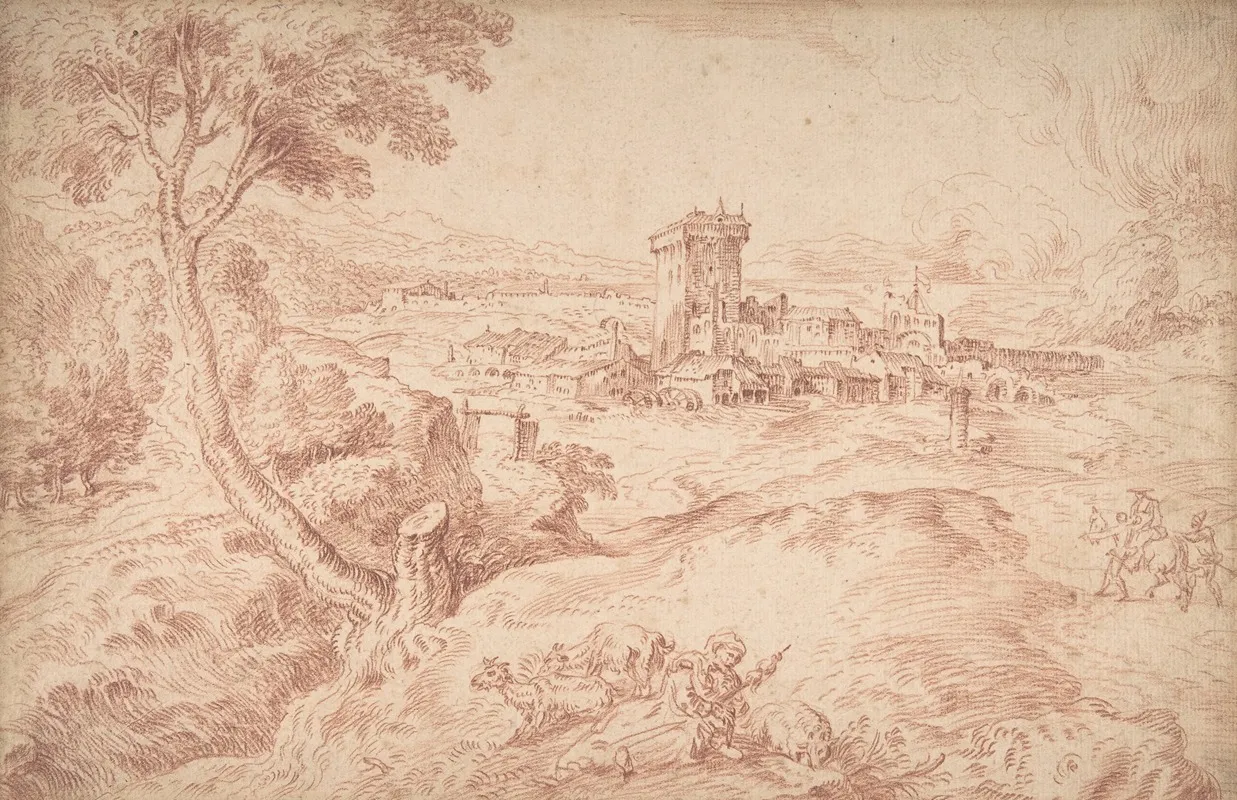 Landscape With An Old Woman Holding A Spindle After Domenico Campagnola