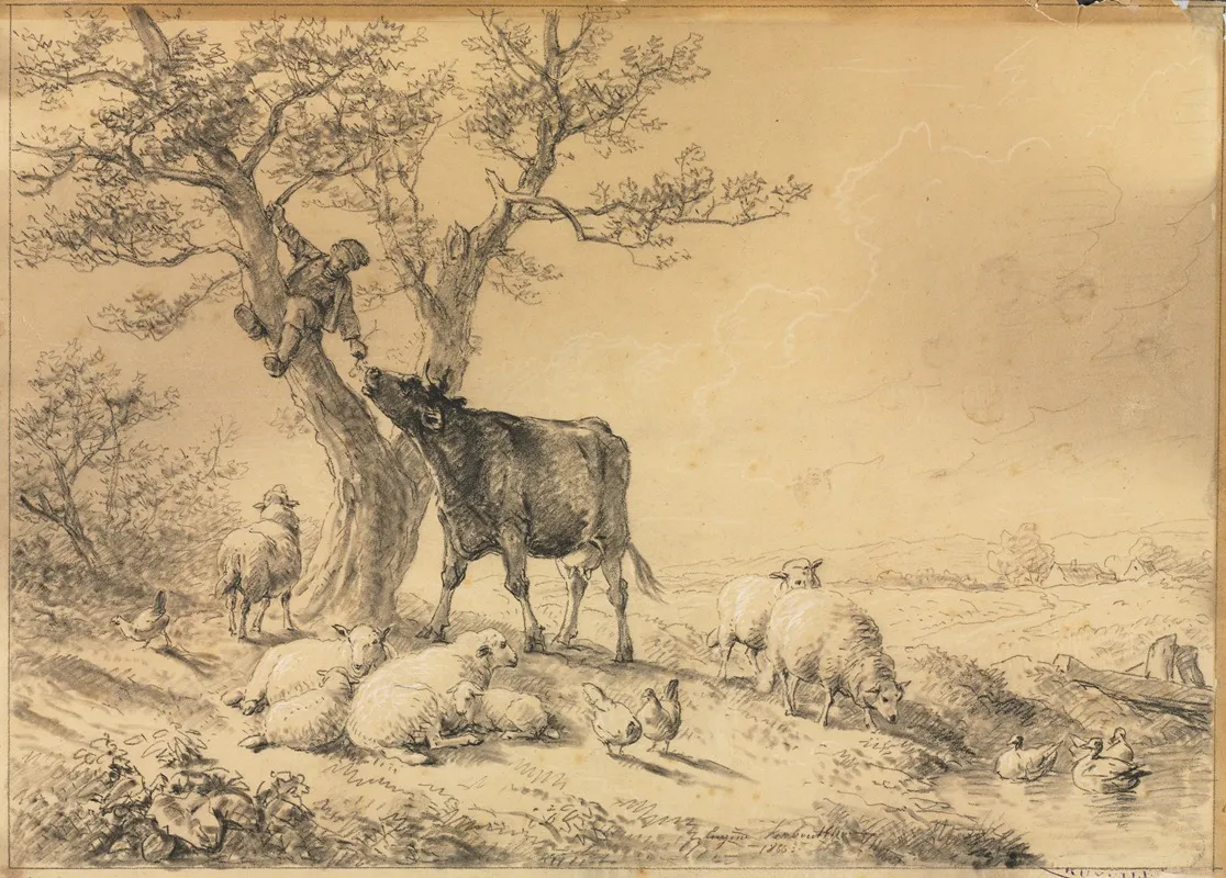 Landscape With Animals And Boy In Tree