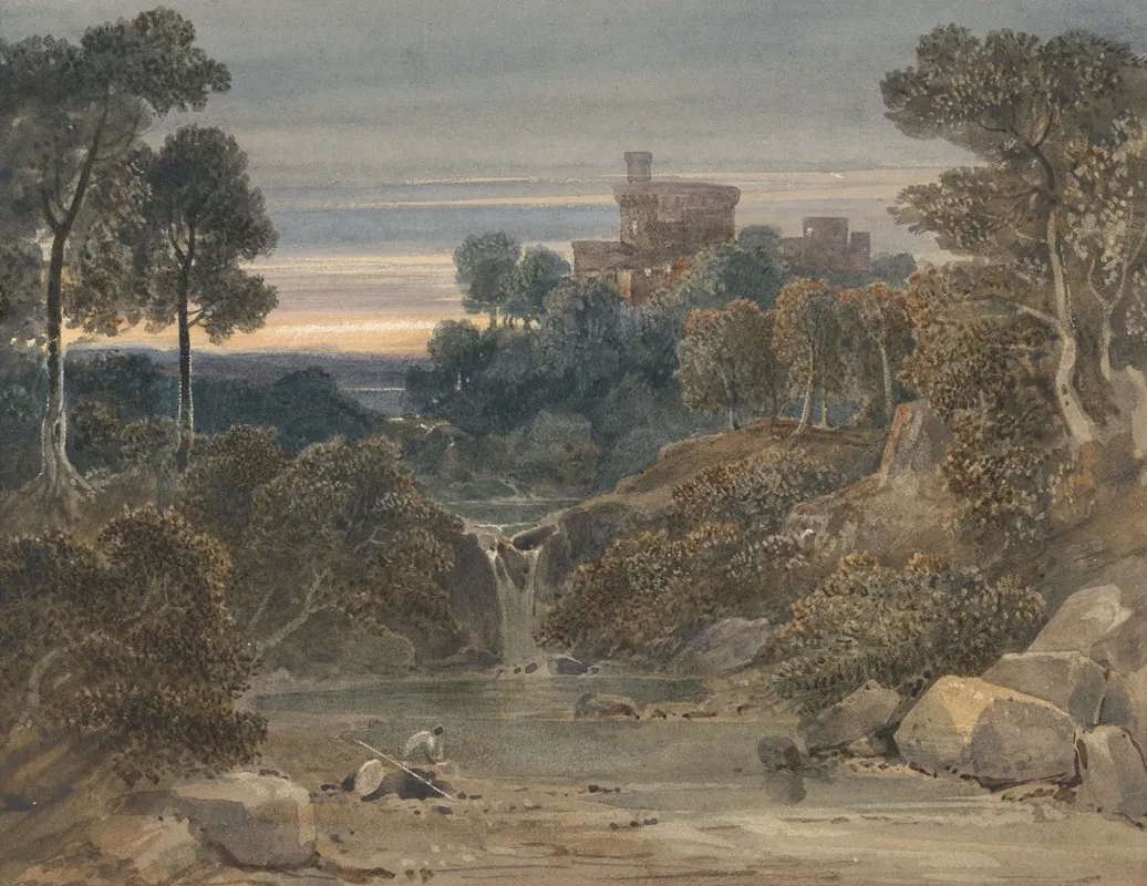 Landscape With Castle Waterfall And Stream In Foreground by Francis Oliver Finch - Canvas Print