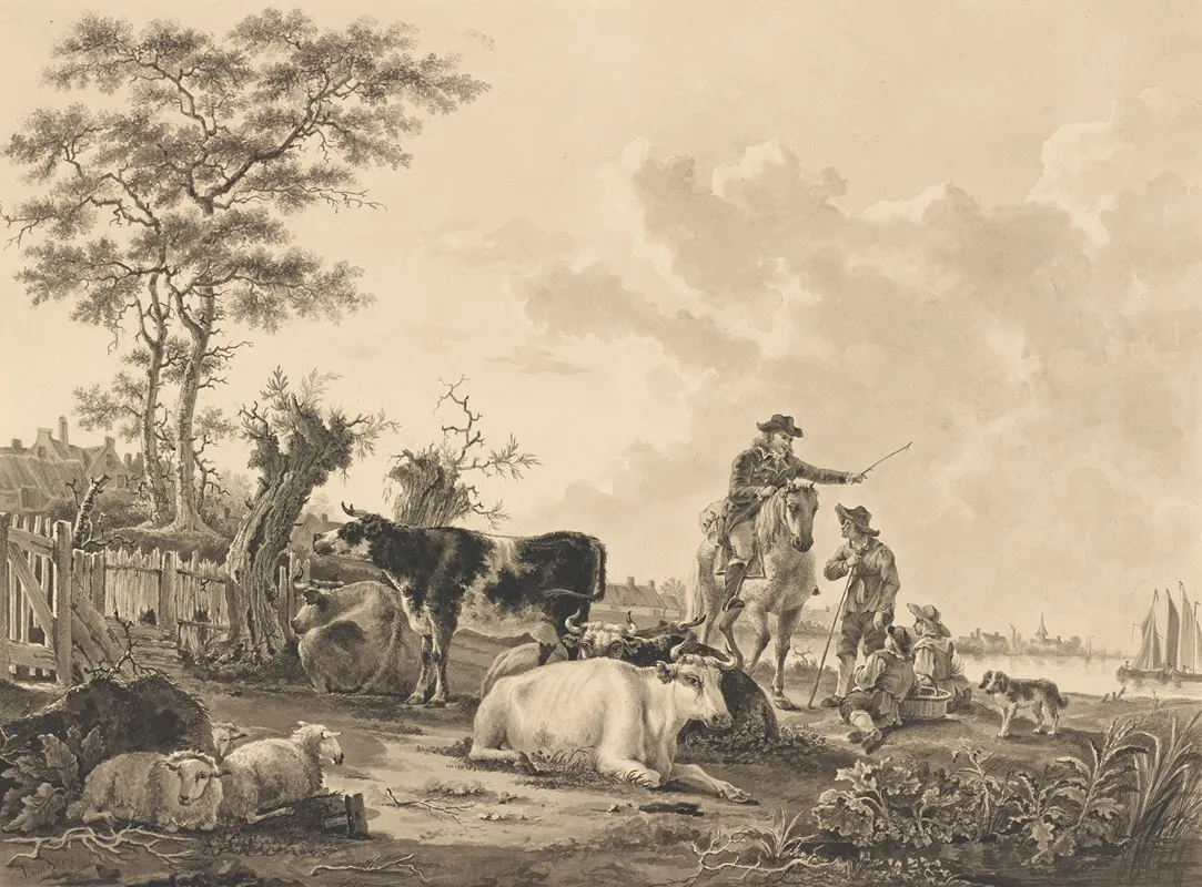 Landscape With Cattle Sheep And Herders by Jacob van Strij - Canvas Print