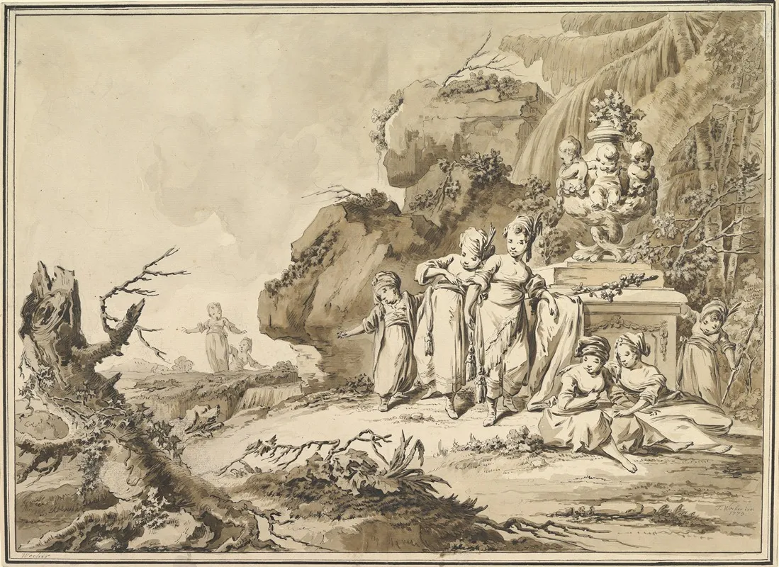 Landscape With Children In Oriental Costume by Tiberius Dominikus Wocher - Canvas Print