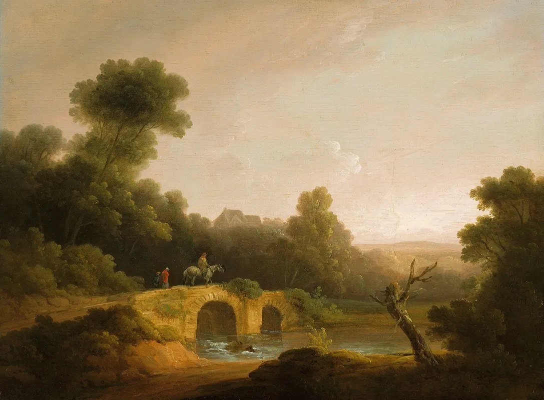 Landscape With Figures Crossing A Bridge by John Rathbone - Canvas Print