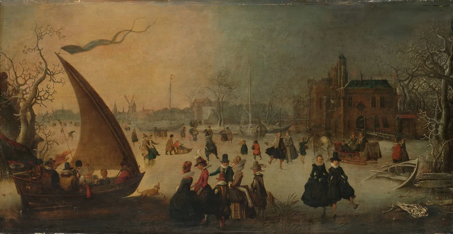 Landscape With Frozen Canal Skaters And An Ice Boat by Adam van Breen - Canvas Print