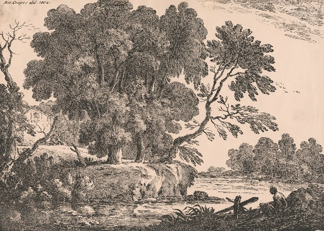 Landscape With Group Of Trees Surrounded By Water Cottage On Left Woman Seated Right Foreground by Richard Cooper the Elder - Canvas Print