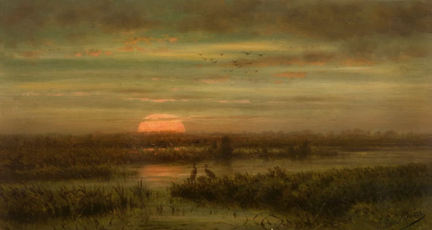Landscape With Herons At Sunset by Jean Pierre François Lamorinière - Canvas Print
