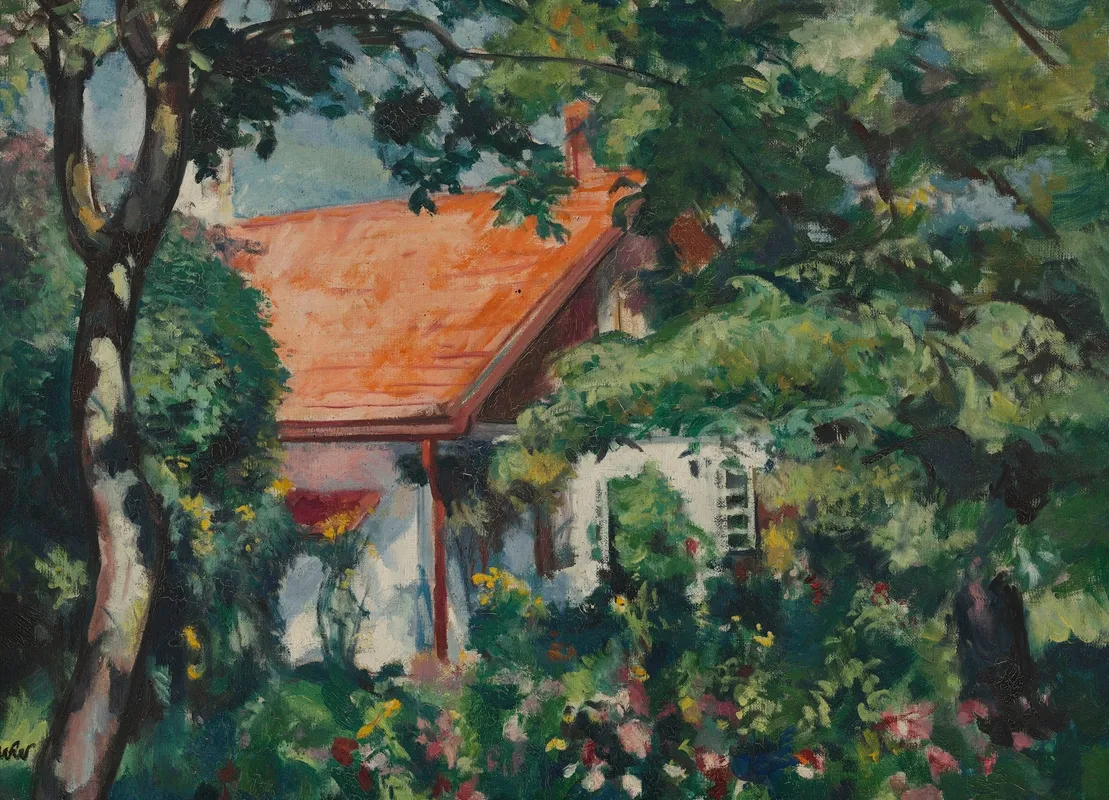 Landscape With Hollyhocks