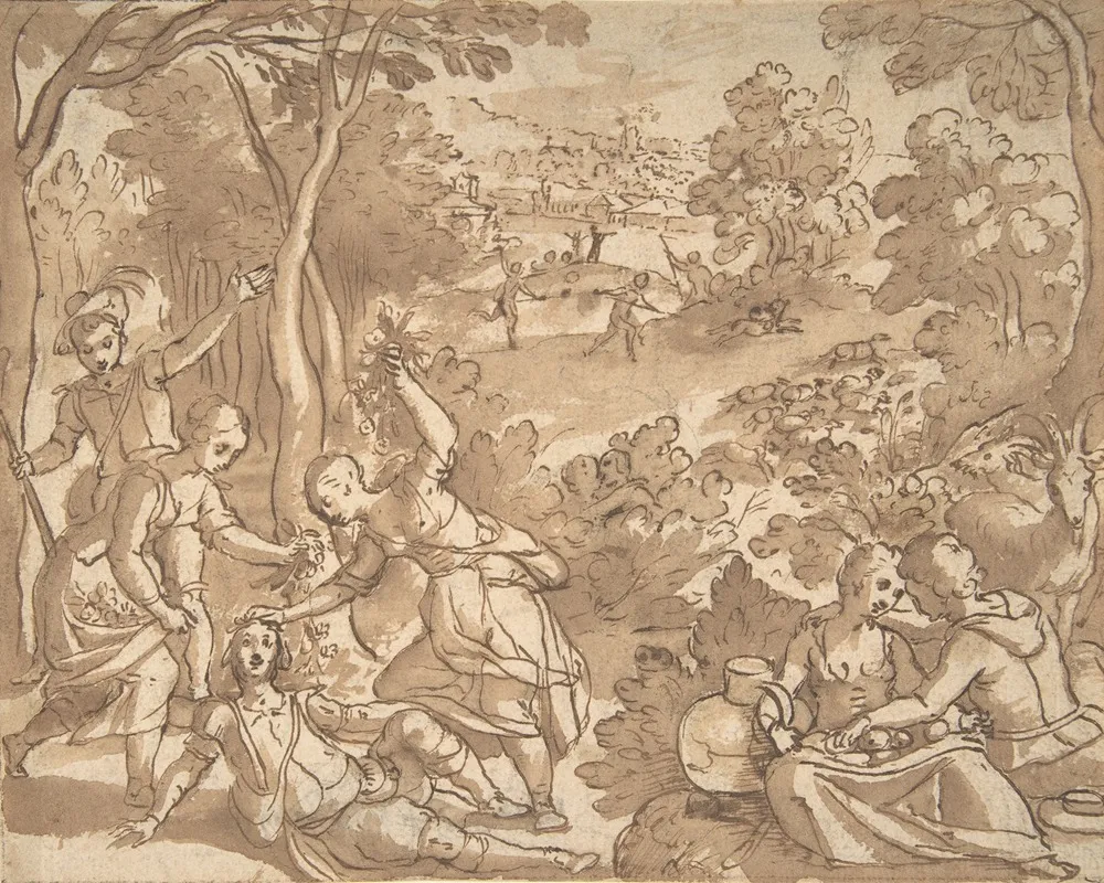 Landscape With Lovers And Hunters by Adam van Noort - Canvas Print