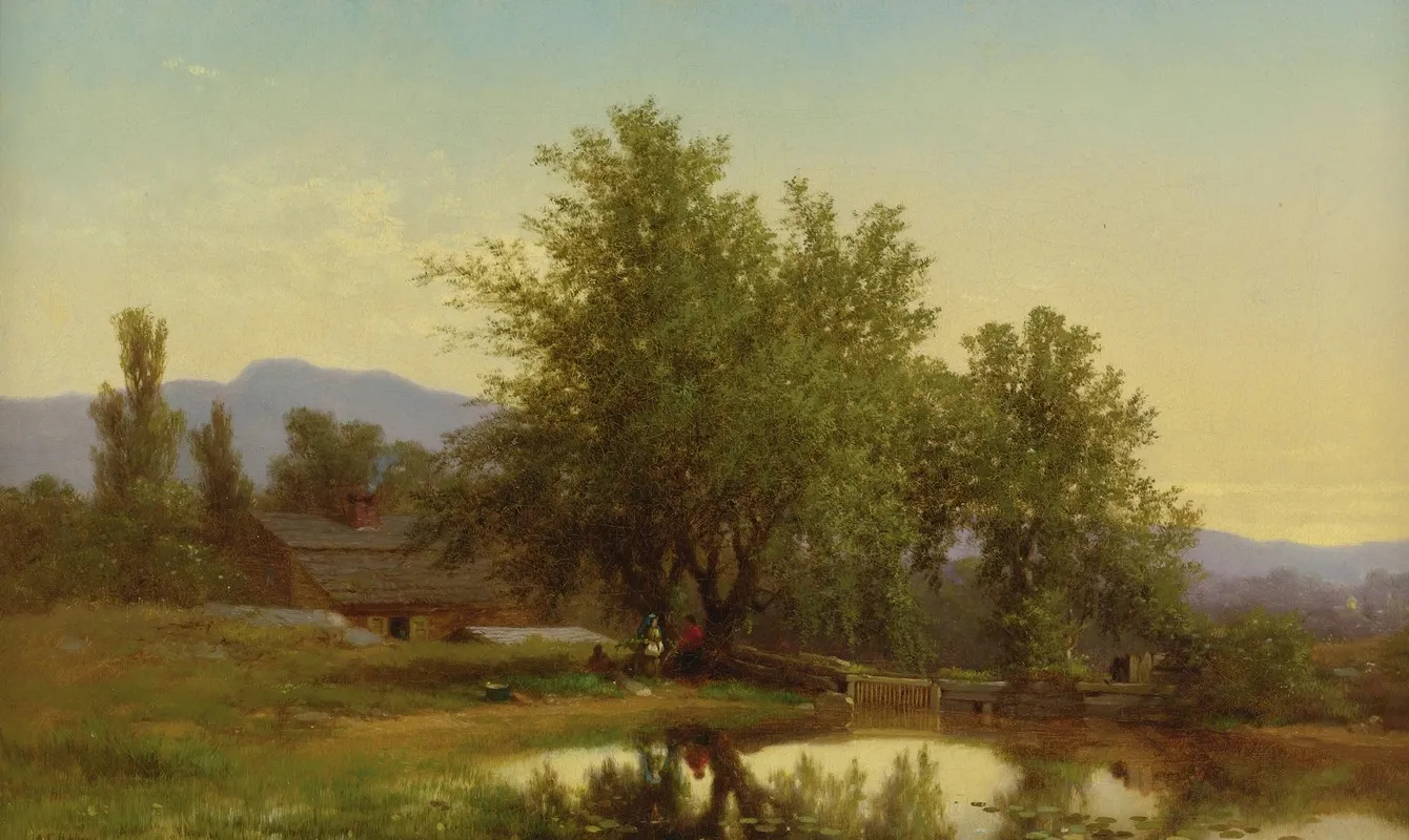 Landscape With Pond Barn And Figures