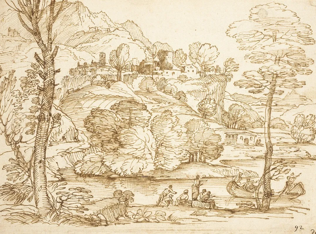Landscape With River And Figures by Giovanni Francesco Grimaldi - Canvas Print
