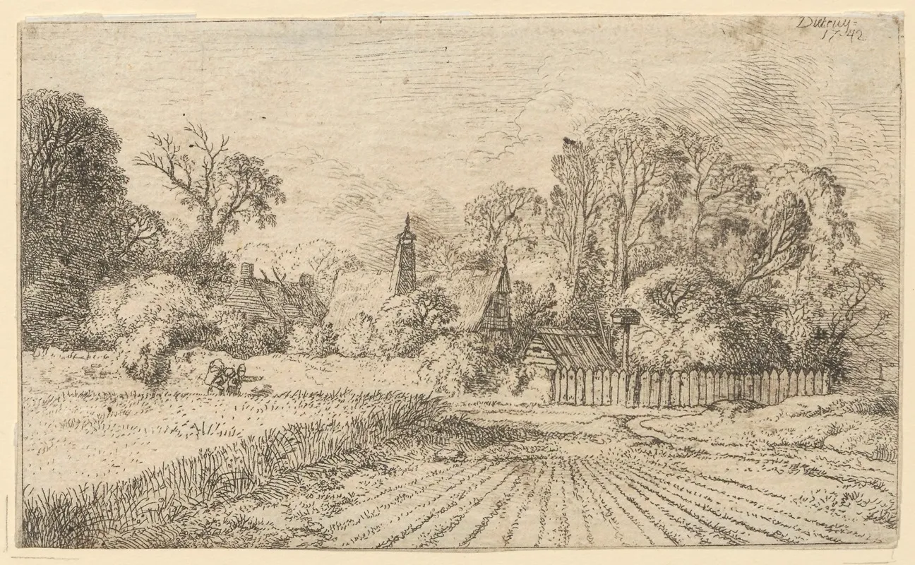 Landscape With Rural Buildings Road Next To A Corn Field